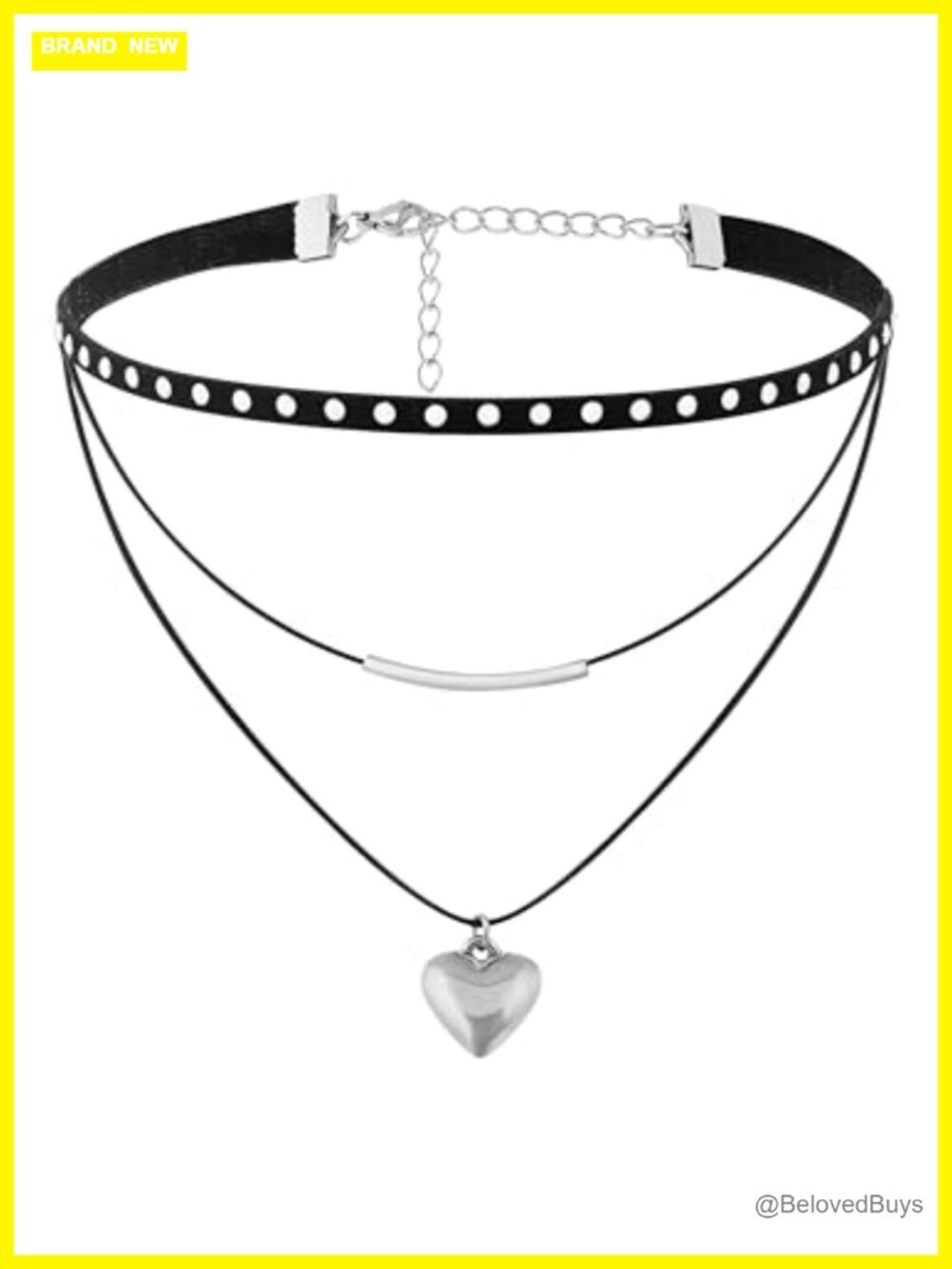 Layered Black Heart Choker Necklace Stainless Steel Rope Goth Punk Grunge